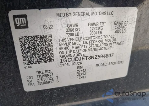 2022 Chevrolet Silverado 1500 High Country z USA, uszkodzony, nr VIN 1GCUDJET8NZ594807